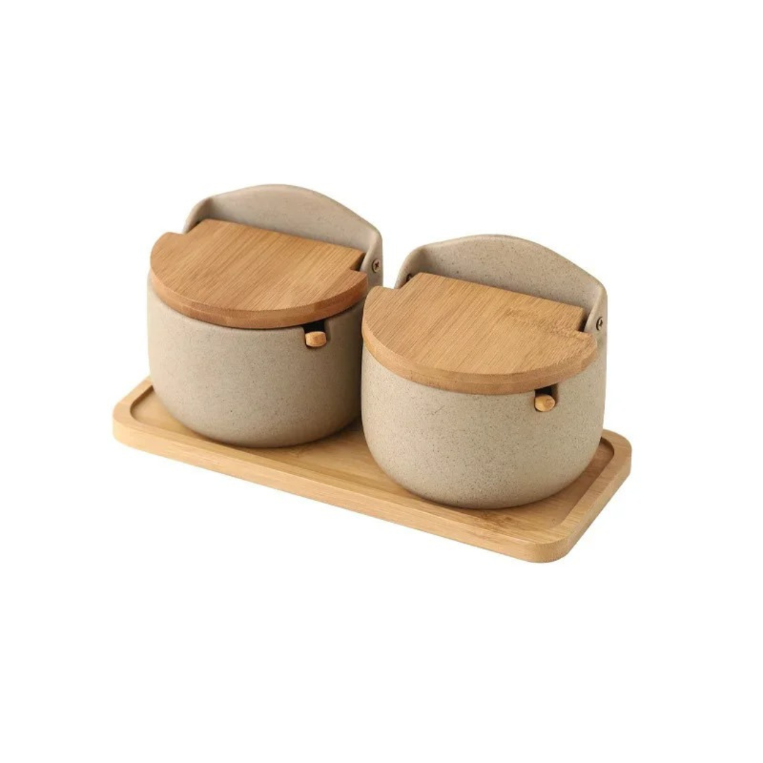 Pote de Tempero Boho em Cerâmica com Tampa de Bambu Artesanal