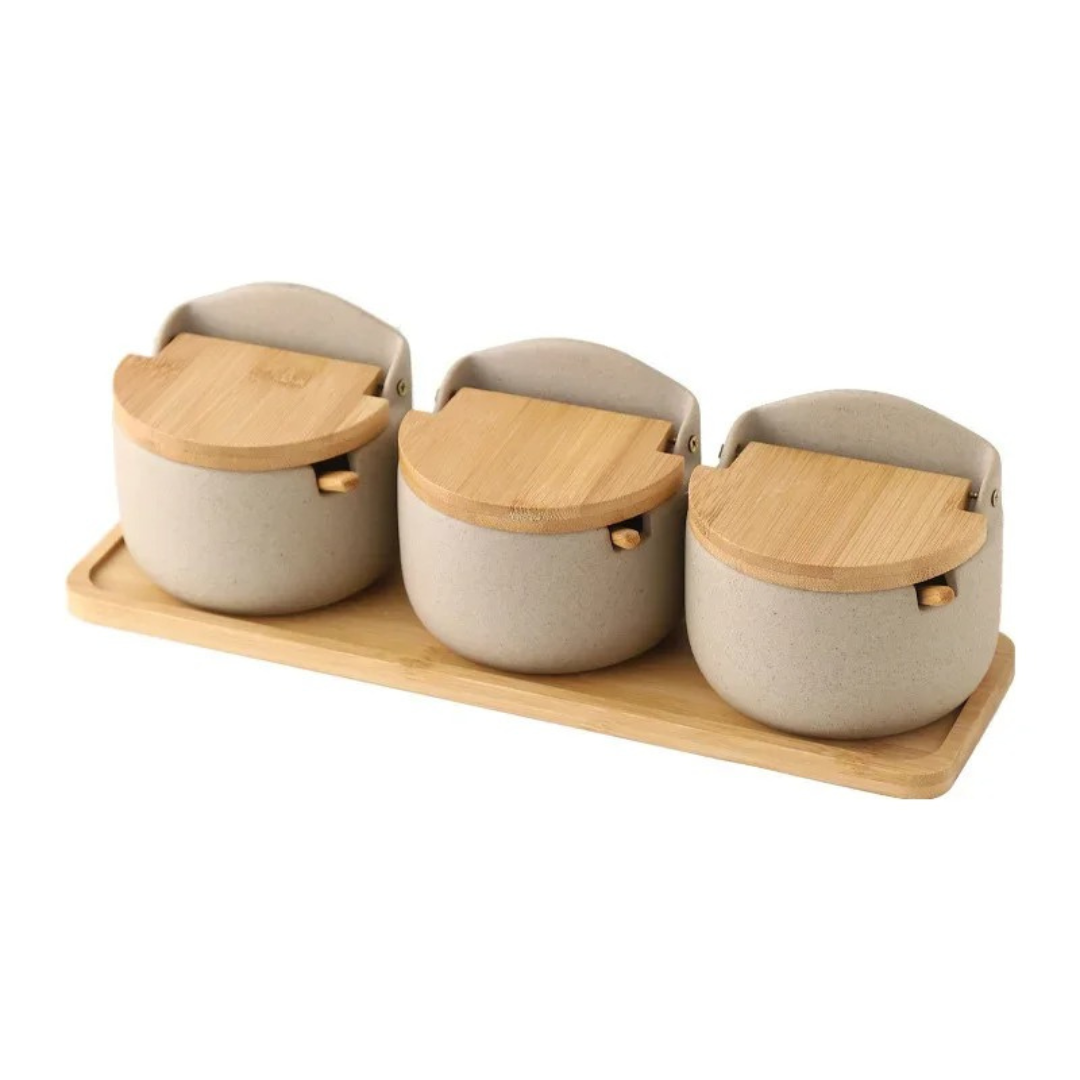 Pote de Tempero Boho em Cerâmica com Tampa de Bambu Artesanal