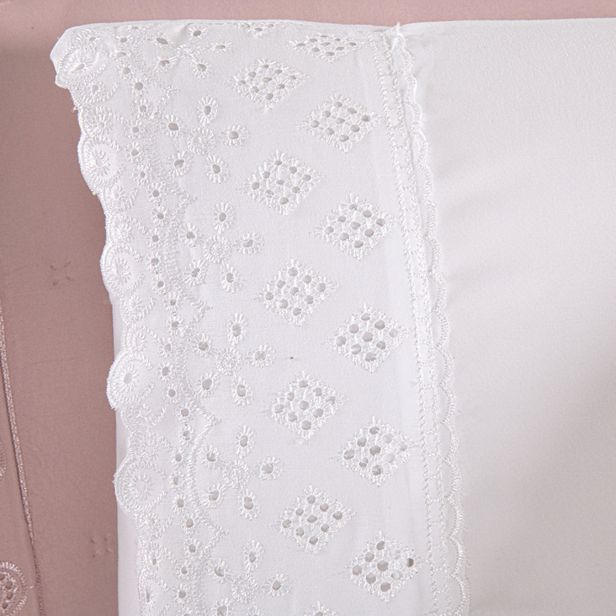 Kit Cama Posta Serena Percal 300 Fios Bordado Inglês Branco/Rosê/Prata